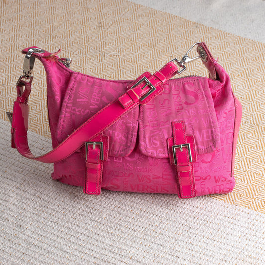 Vintage VERSUS VERSACE Bag Y2K Pink Monogram Patent Shoulder Bag Ittierre Barbiecore 90s McBling