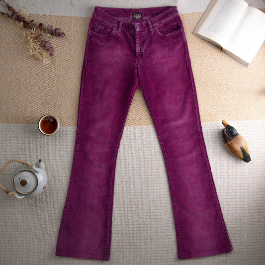 Vintage MISS SIXTY Corduroy Pants Purple Flare Bootcut Y2K 90s Velvet Trousers W29 Mid Rise Grunge