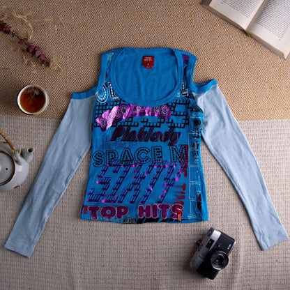 Archive Piece Miss Sixty Top Y2K Cold Shoulder Metallic Foil Print Disco Blue Long Sleeve Cyber Y2K Graphic Grunge Made in Italy S
