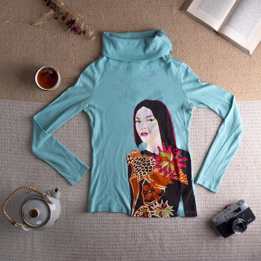Christian Lacroix Bazar Rare Vintage Top Iconic Pop Art Face Print 90s Archival Zip Turtleneck Aqua Blue Graphic Tee Art to Wear Size M