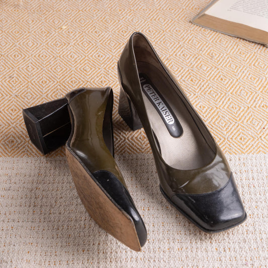 Vintage Peter Kaiser Pumps Square Toe Block Heel Two Tone Olive Black 90s Office Siren Minimalist Leather Shoes Size EU 39 UK 6