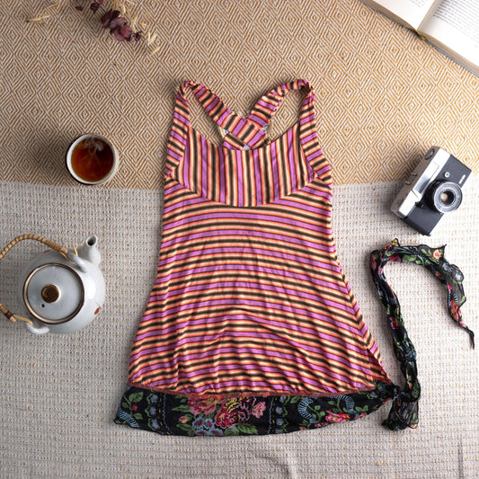 Fornarina Rare Y2K Fairy Top Vintage Striped Pink Orange Large Embroidery Patch Cross Back 90s Archival Girlie Grunge Size XS S