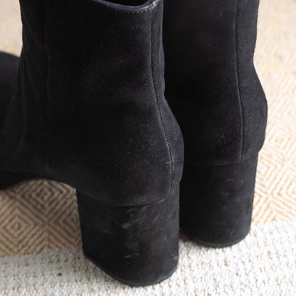 Prada Milano Archival Boots Metal Logo Sole Black Suede Block Heel 90s Vintage Authentic Luxury Made in Italy Size EU 38 UK 5