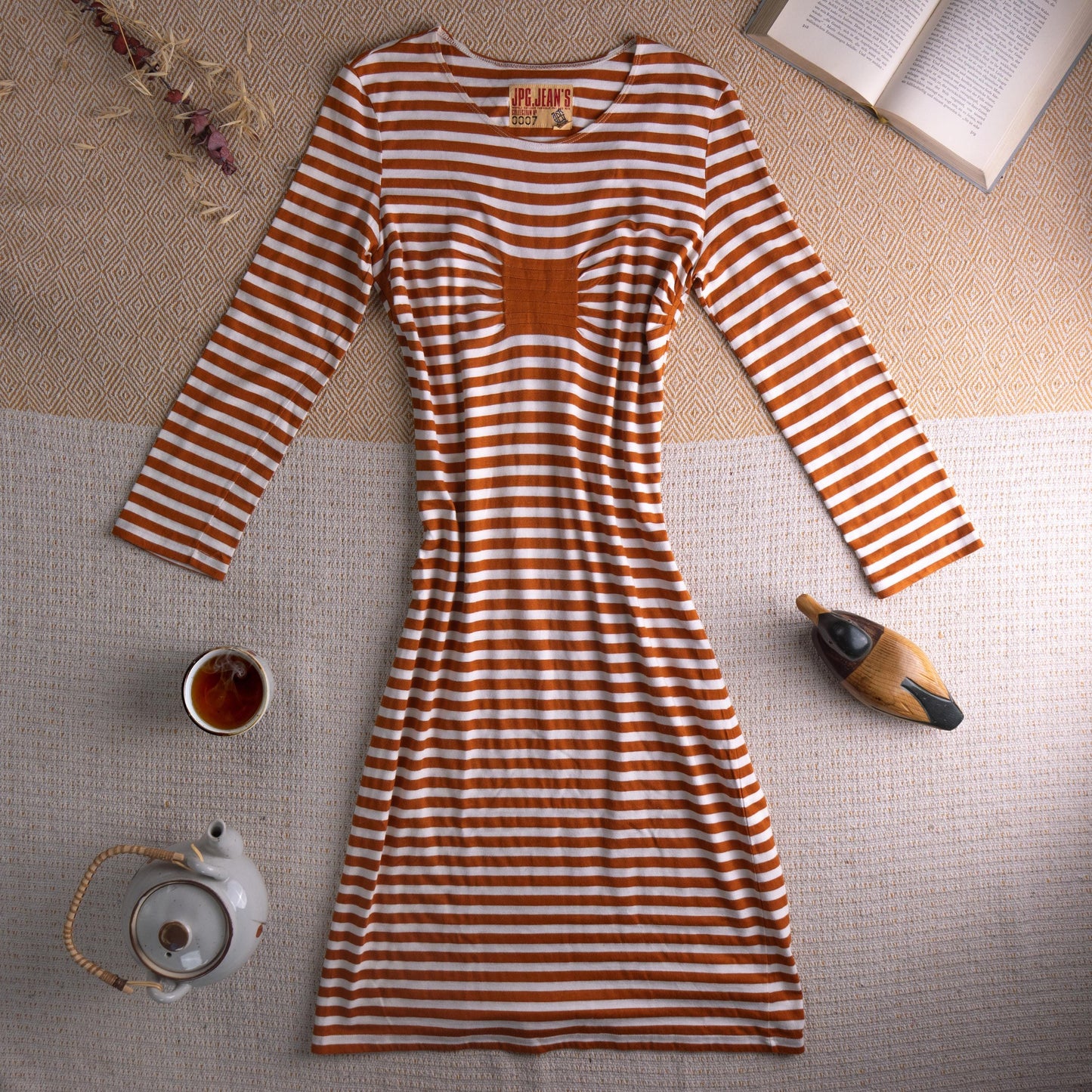 Jean Paul Gaultier Vintage Dress Marinière Striped Optical Illusion Trompe l'oeil Ruched Bust 90s Archival Collection 0007 Op Art Size M