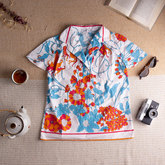 Archival 1970s EMILIO PUCCI Signed Floral Cotton Blouse | Pristine Vintage Designer Resort Wear | Museum Quality Authentic Piece Size S M