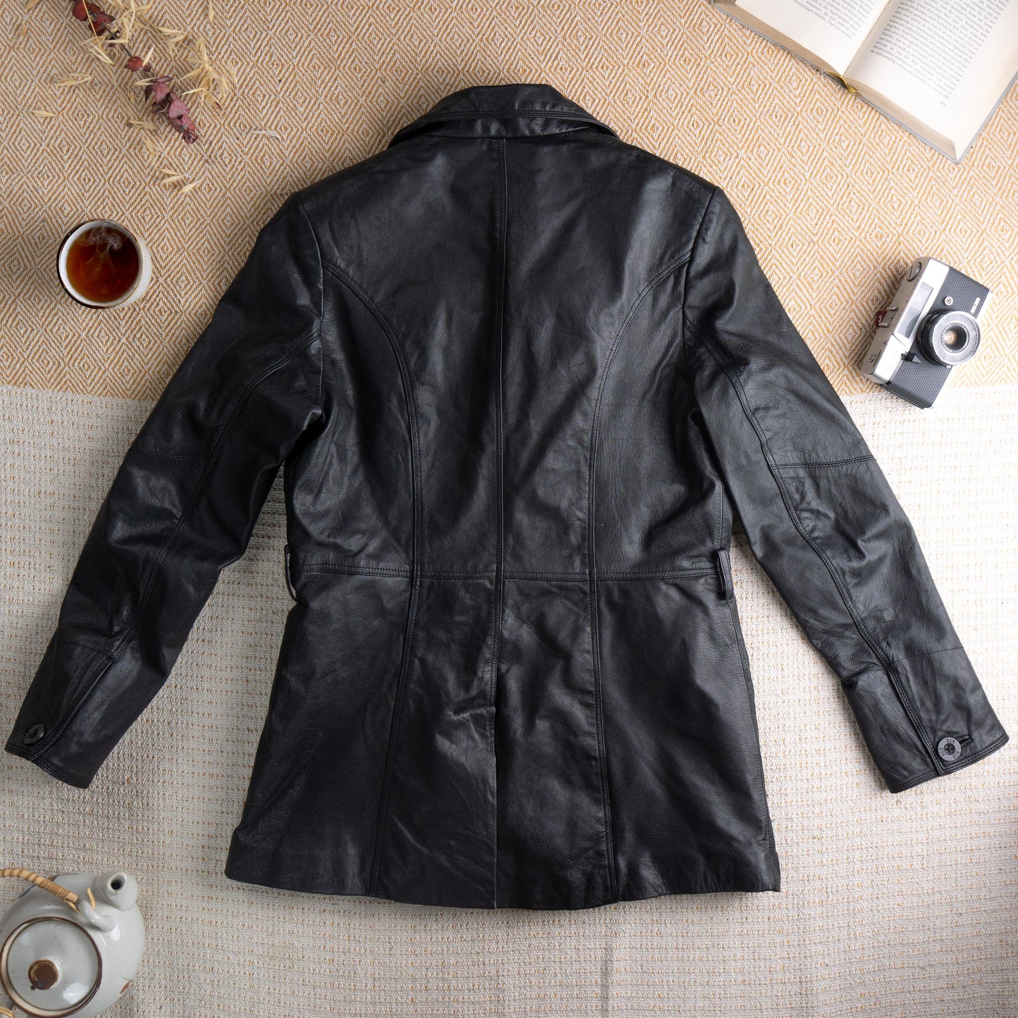 Deadstock Vintage Leather Blazer XX by Mexx 90s Black Leather Jacket Longline Quilted Lining Minimalist Matrix Style Y2K M