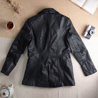 Deadstock Vintage Leather Blazer XX by Mexx 90s Black Leather Jacket Longline Quilted Lining Minimalist Matrix Style Y2K M