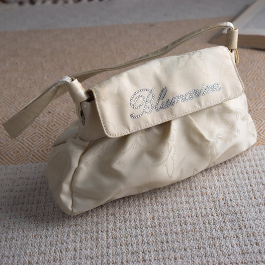 Vintage Blumarine Butterfly Baguette Bag Cream Jacquard Rhinestone Logo Y2K Fairycore Iconic Shoulder Bag Made in Italy