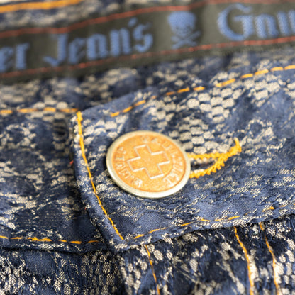 Jean Paul Gaultier Archival Jeans 1996 Flocked Lace Denim Velvet Trompe L'oeil Holy Grail Vintage 90s Museum Quality Size 26 27 XS