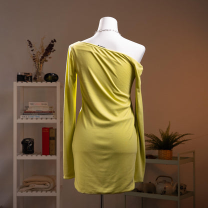 Archival HALSTON Mainline Asymmetric 'Cold Shoulder' Dress | Rare 2000s Bradley Bayou Era | Made in Italy | Acid Lime Silk-Lined Mini XS S