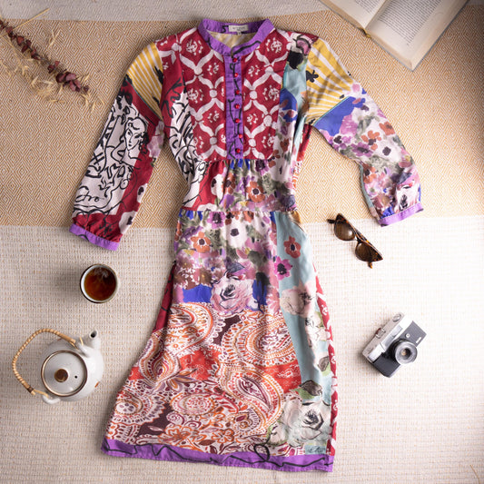Museum Piece Archival ETRO Milano S/S 2003 Silk Patchwork Dress | Hand-Blown Glass Buttons | Rare Runway Archive | Size IT 42 /S-M
