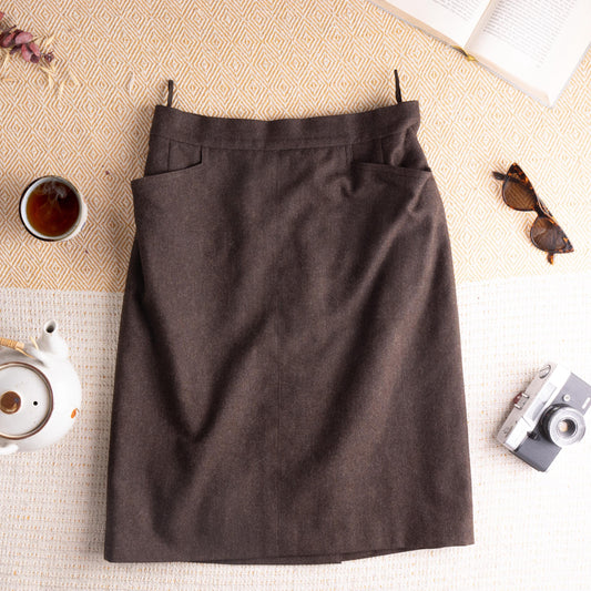 Archival Hermès Wool Pencil Skirt Marron Fonce Espresso Brown Pre-Margiela Era 80s 90s Made in France Quiet Luxury Fits Small 36