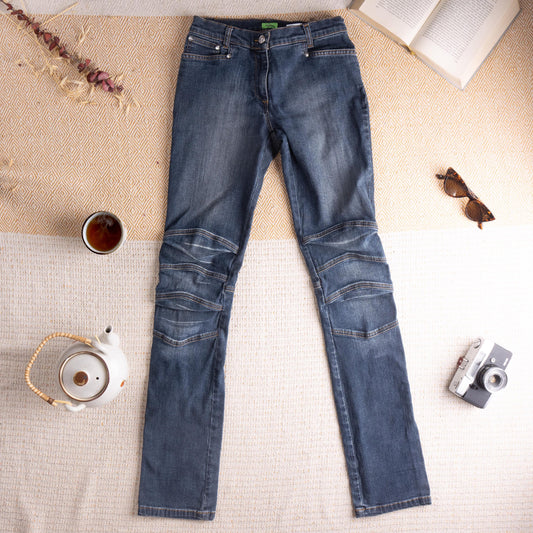 Archival Thierry Mugler Star Button Biker Jeans Y2K Dark Indigo Denim Bodycon Fit Size W27 Fits XS S Mid Rise Designer Archive