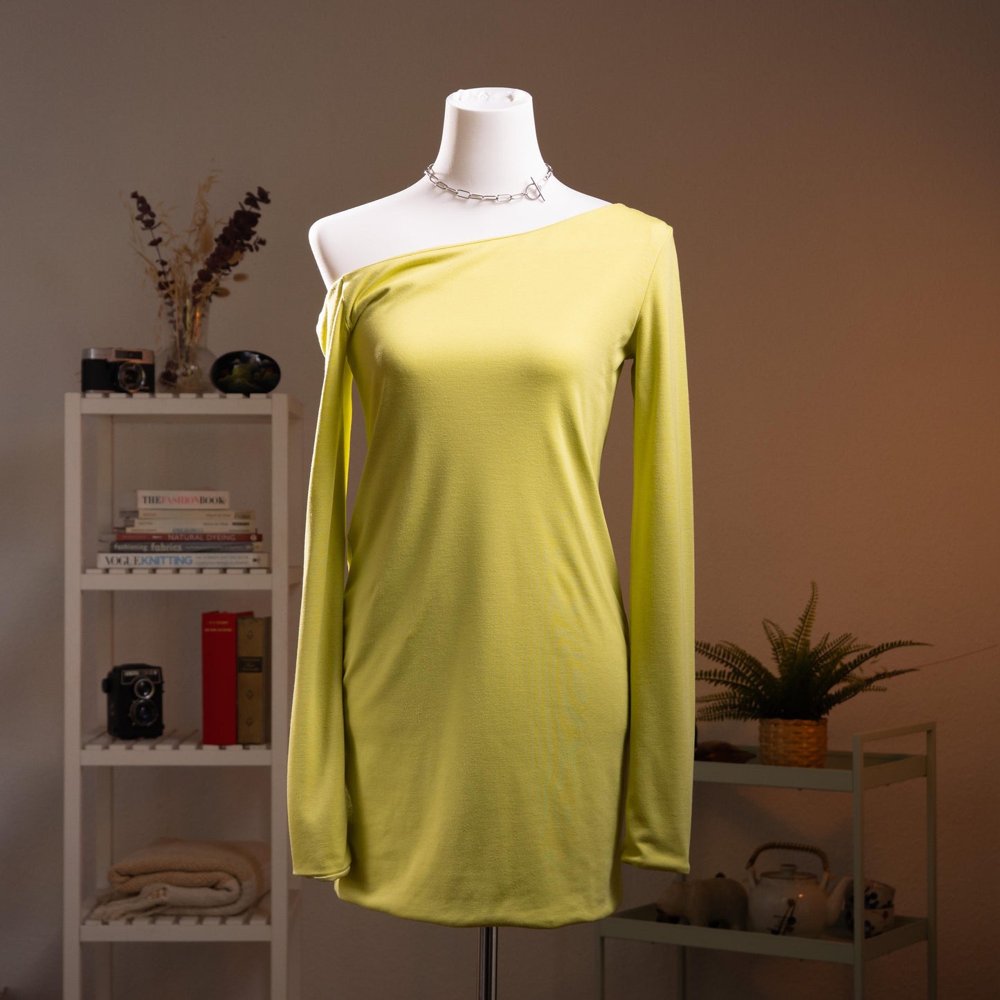 Archival HALSTON Mainline Asymmetric 'Cold Shoulder' Dress | Rare 2000s Bradley Bayou Era | Made in Italy | Acid Lime Silk-Lined Mini XS S