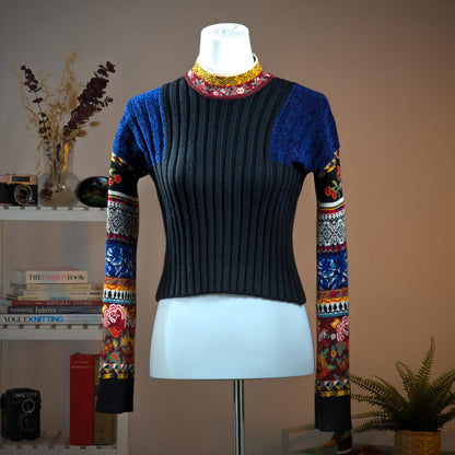Archival Kenzo Paris 90s Sweater Floral Patchwork Ribbed Knit Boxy Crop Takada Era Made in Italy Luxury Designer Vintage S M L