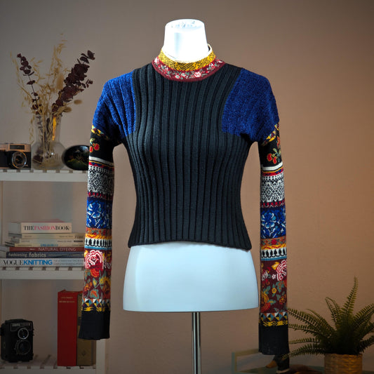 Archival Kenzo Paris 90s Sweater Floral Patchwork Ribbed Knit Boxy Crop Takada Era Made in Italy Luxury Designer Vintage S M L