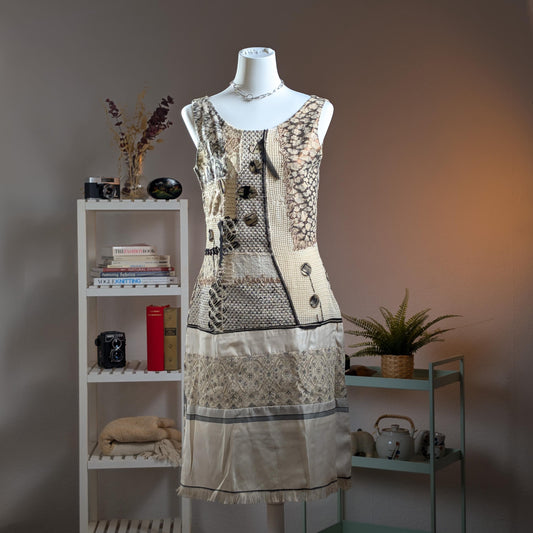 Save The Queen Archival Patchwork Dress Silk Linen Mixed Media Midi Marco Fantini Firenze Italian Designer Art to Wear Y2K Size S M