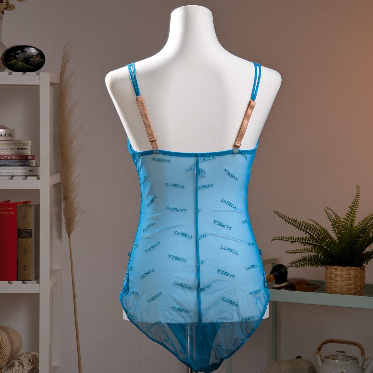 Archival La Perla Monogram Bodysuit Y2K Metallic Logo Mesh Cyan Blue Silver - Vintage Size 5 (Fits modern M/L) - Designer Masterpiece