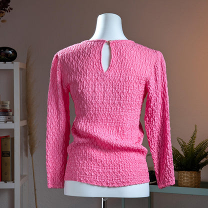 Archival YSL Saint Laurent Rive Gauche Pink Cloque Blouse 80s Silk Blend Keyhole Top Made in France Museum Grade Size M EU 38