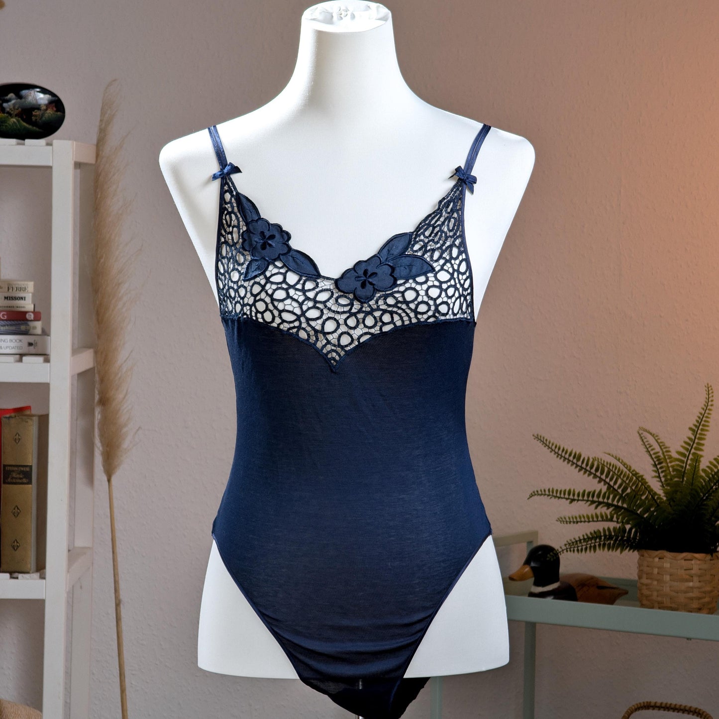 Archival La Perla Tricot Navy Blue Bodysuit 90s Italian Lingerie Embroidered Tulle NOS Deadstock Size S IT 2 Museum Grade