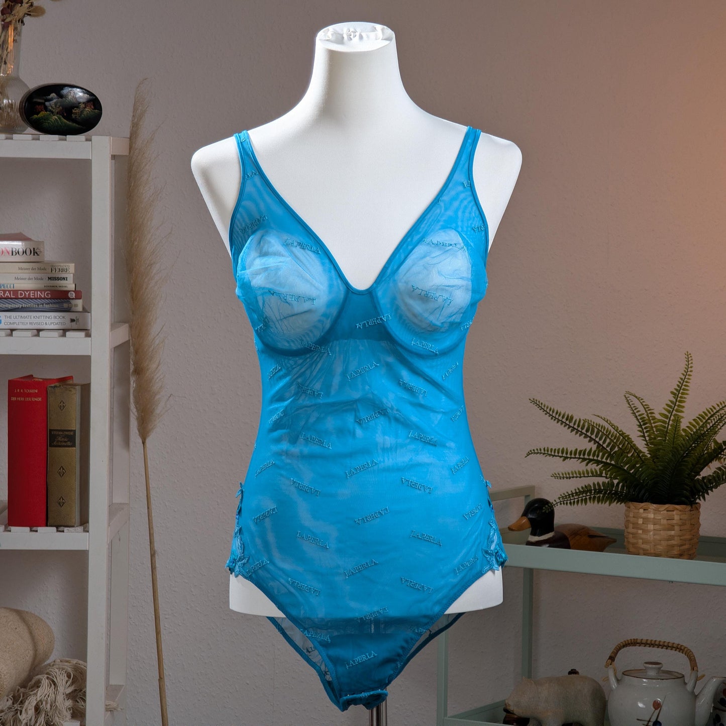 Archival La Perla Monogram Bodysuit Y2K Metallic Logo Mesh Cyan Blue Silver - Vintage Size 5 (Fits modern M/L) - Designer Masterpiece