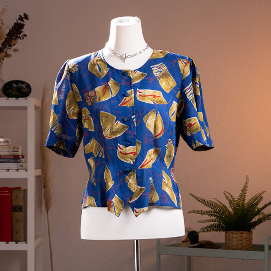 Archival PIERRE BALMAIN PARIS Asymmetrical Peplum Blouse 80s Abstract Print Power Shoulder Fluid Crepe Museum Quality Size M