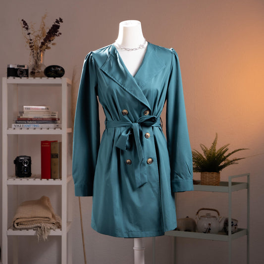 Archival Oscar de la Renta NOS Trench Dress 90s Deadstock Petrol Blue Gabardine Mini Dress Puff Sleeve Size S EU 36
