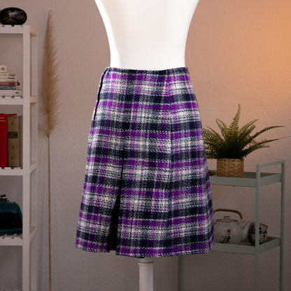 Archival Givenchy Nouvelle Boutique Tartan Tweed Skirt 70s 80s Purple Basketweave Wool Box Pleat Midi Size S EU 36 FR 40