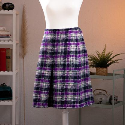 Archival Givenchy Nouvelle Boutique Tartan Tweed Skirt 70s 80s Purple Basketweave Wool Box Pleat Midi Size S EU 36 FR 40