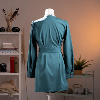 Archival Oscar de la Renta NOS Trench Dress 90s Deadstock Petrol Blue Gabardine Mini Dress Puff Sleeve Size S EU 36