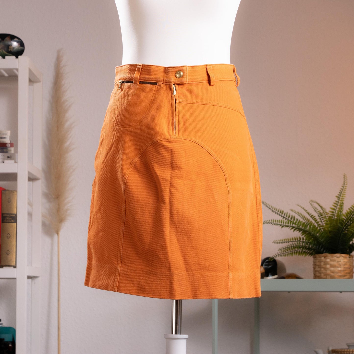 Archival Tom Ford for Gucci Asymmetric Stretch-Denim Mini Skirt in Saturated Carrot Orange, circa late 90s