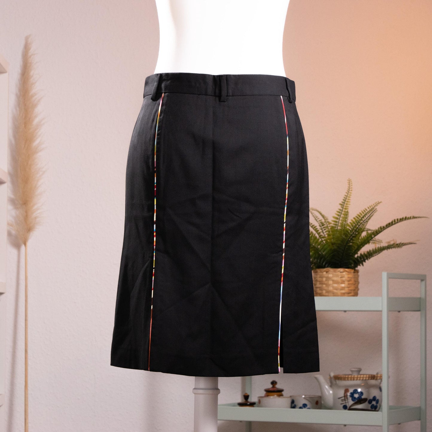 NOS Archival Paul Smith Black Label Merino Wool Skirt - Rare Signature Multi-Stripe Dual Kick-Split Pencil Skirt Size S Made in Italy