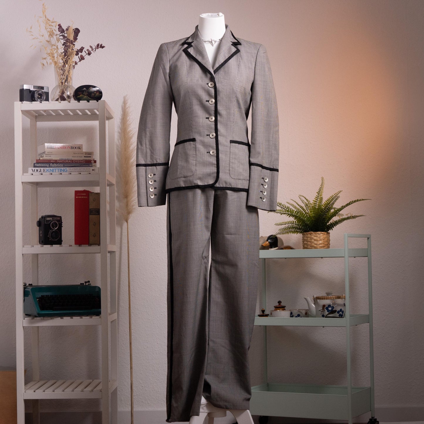 Archival Rena Lange RED Houndstooth Suit - Rare 90s Falber Italy Virgin Wool Blazer & Flared Trousers Set - Coin Buttons Piped - Size XS S