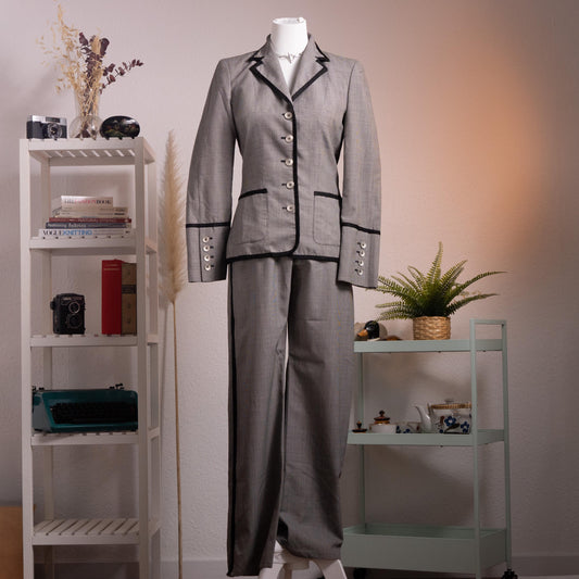 Archival Rena Lange RED Houndstooth Suit - Rare 90s Falber Italy Virgin Wool Blazer & Flared Trousers Set - Coin Buttons Piped - Size XS S