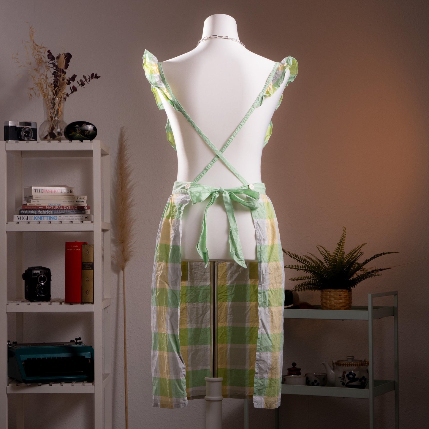 Archival Courrèges Paris Ruffled Gingham Pinafore Dress - Rare 80s Japan License Metallic Lurex Check Tabard Layering Midi Size XS S M L