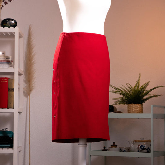 Archival JIL SANDER Mainline 90s Red Wool Cashmere Pencil Skirt Silver Button-Down Side Slit Curved Saddle Yoke Made in Germany S XS