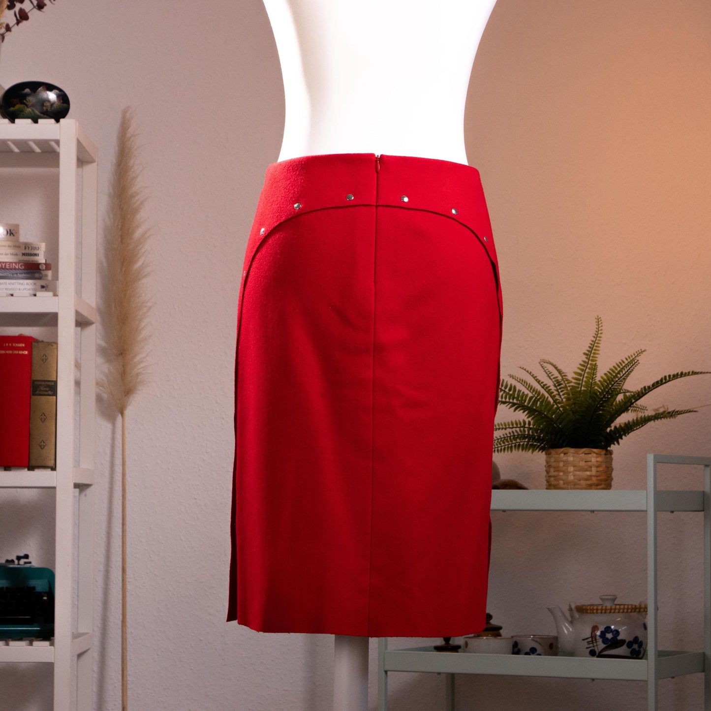 Archival JIL SANDER Mainline 90s Red Wool Cashmere Pencil Skirt Silver Button-Down Side Slit Curved Saddle Yoke Made in Germany S XS
