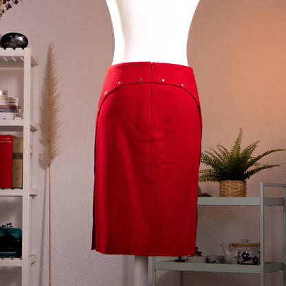 Archival JIL SANDER Mainline 90s Red Wool Cashmere Pencil Skirt Silver Button-Down Side Slit Curved Saddle Yoke Made in Germany S XS