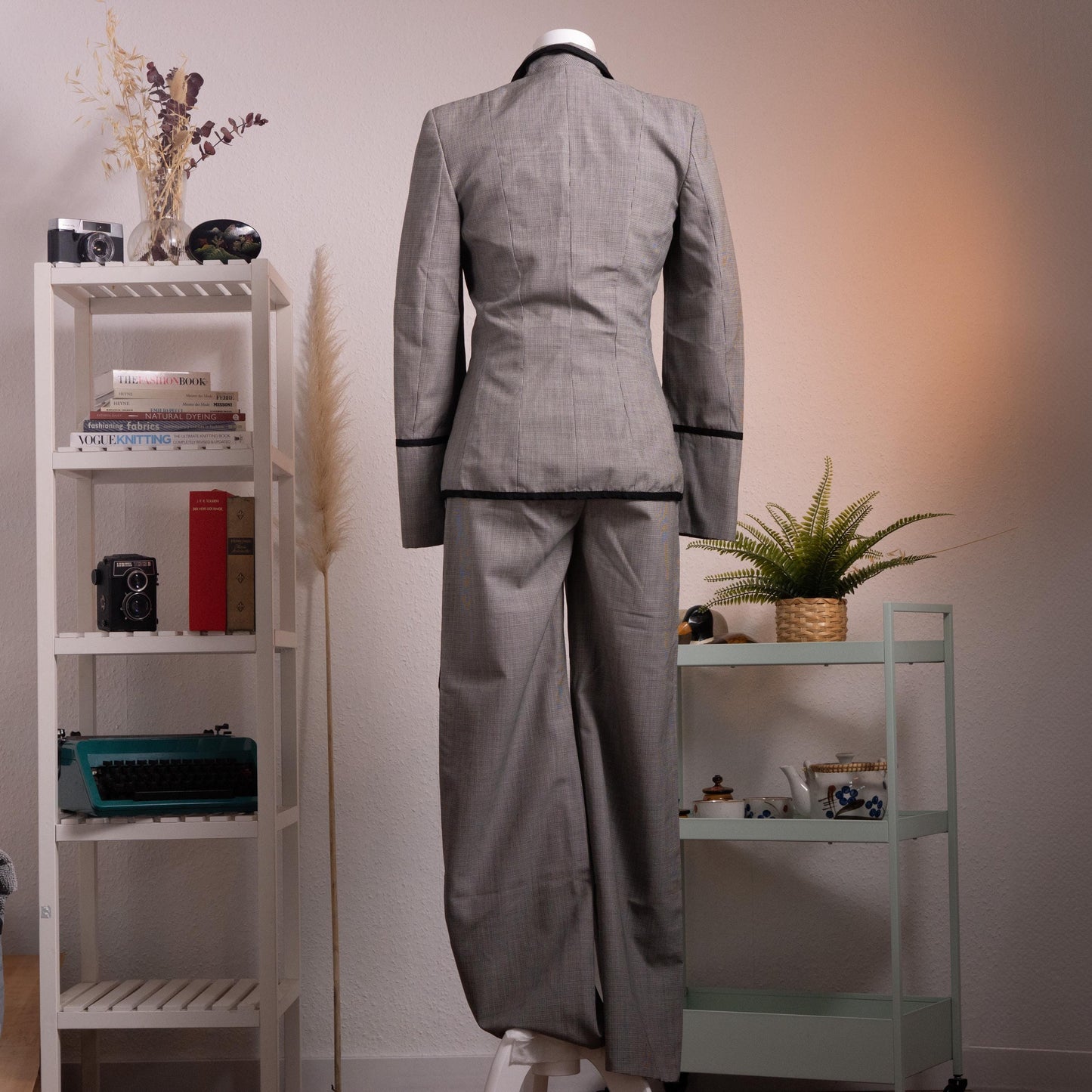 Archival Rena Lange RED Houndstooth Suit - Rare 90s Falber Italy Virgin Wool Blazer & Flared Trousers Set - Coin Buttons Piped - Size XS S