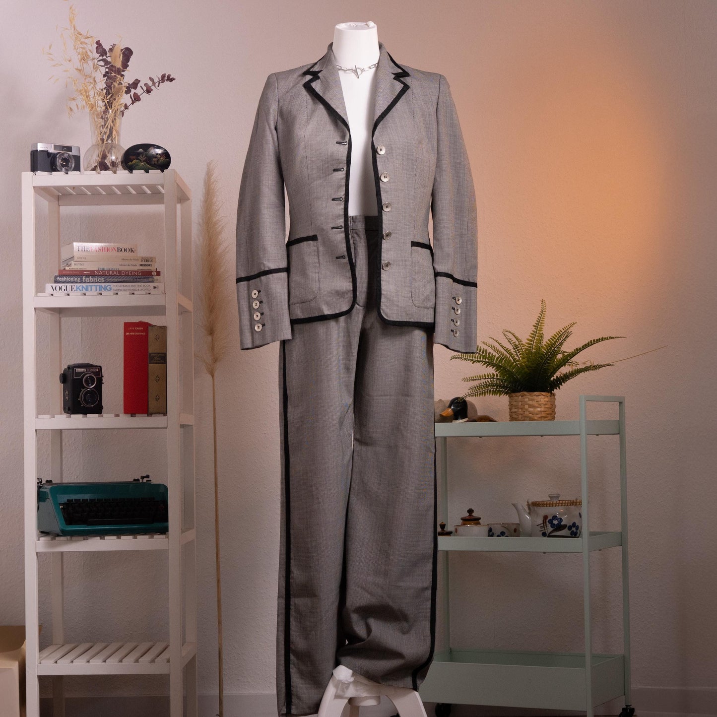 Archival Rena Lange RED Houndstooth Suit - Rare 90s Falber Italy Virgin Wool Blazer & Flared Trousers Set - Coin Buttons Piped - Size XS S
