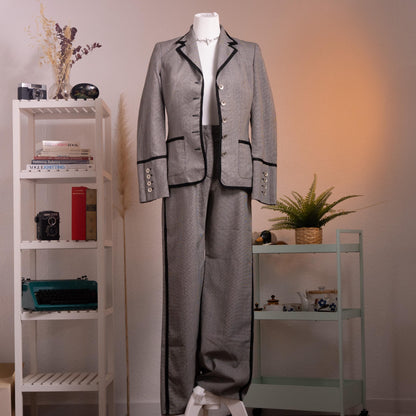 Archival Rena Lange RED Houndstooth Suit - Rare 90s Falber Italy Virgin Wool Blazer & Flared Trousers Set - Coin Buttons Piped - Size XS S
