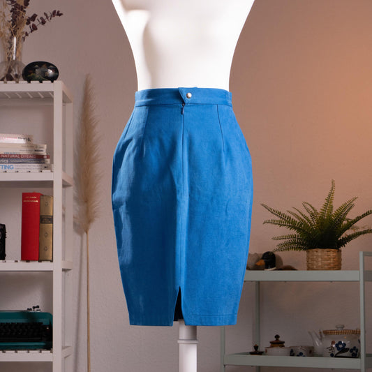 Archival Thierry Mugler Activ Cobalt Blue Cotton Skirt High Waisted Wasp Waist Pencil Skirt NOS 90s TIME Srl Italy XS S