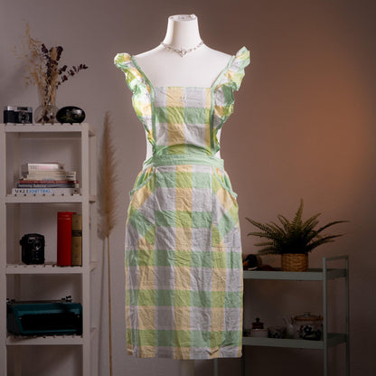 Archival Courrèges Paris Ruffled Gingham Pinafore Dress - Rare 80s Japan License Metallic Lurex Check Tabard Layering Midi Size XS S M L