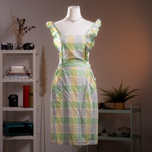 Archival Courrèges Paris Ruffled Gingham Pinafore Dress - Rare 80s Japan License Metallic Lurex Check Tabard Layering Midi Size XS S M L
